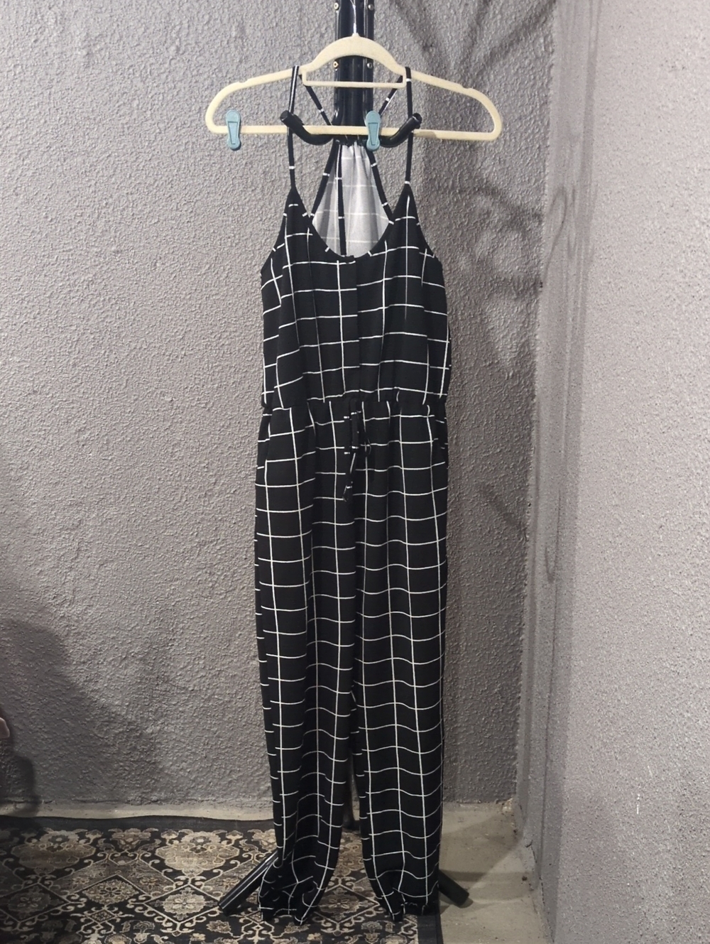 SHEIN Black Windowpane Spaghetti-Strap Jumpsuit